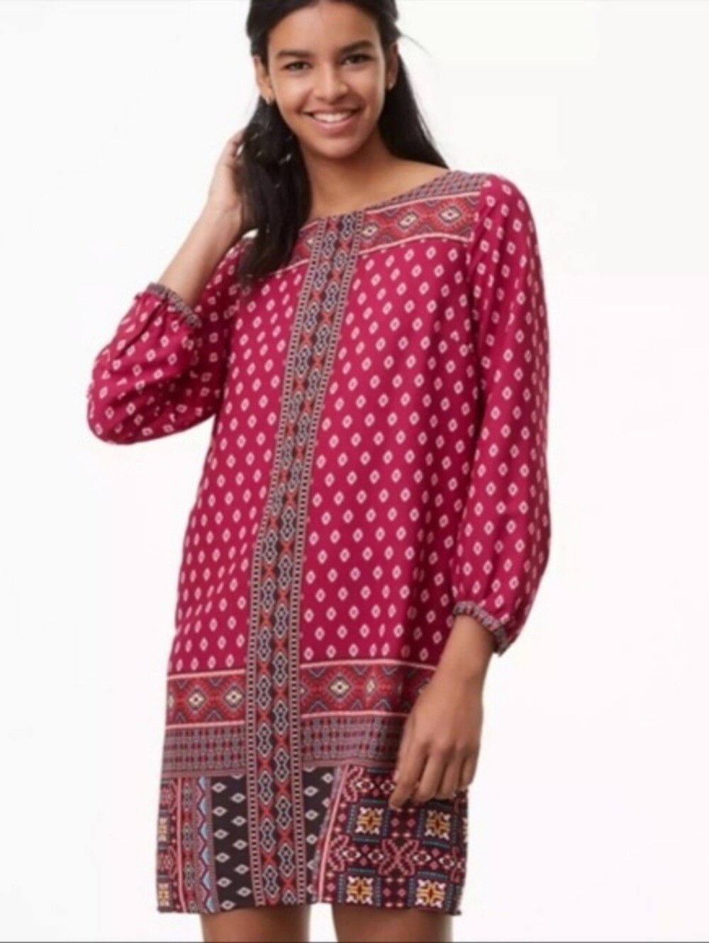 LOFT Long Sleeve Embroidered Border Mosiac Shift Dress Small Office Fall Career